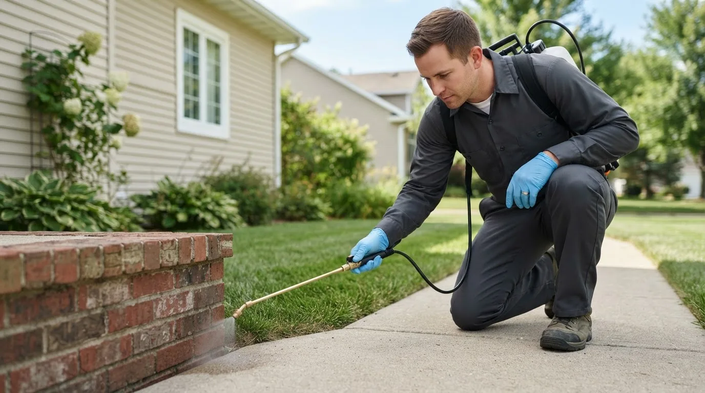 Pest control technician treating a home near Moundville, MO