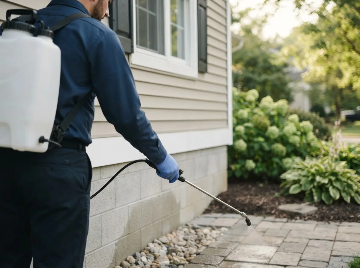 Pest control technician inspecting a home in Moundville, MO